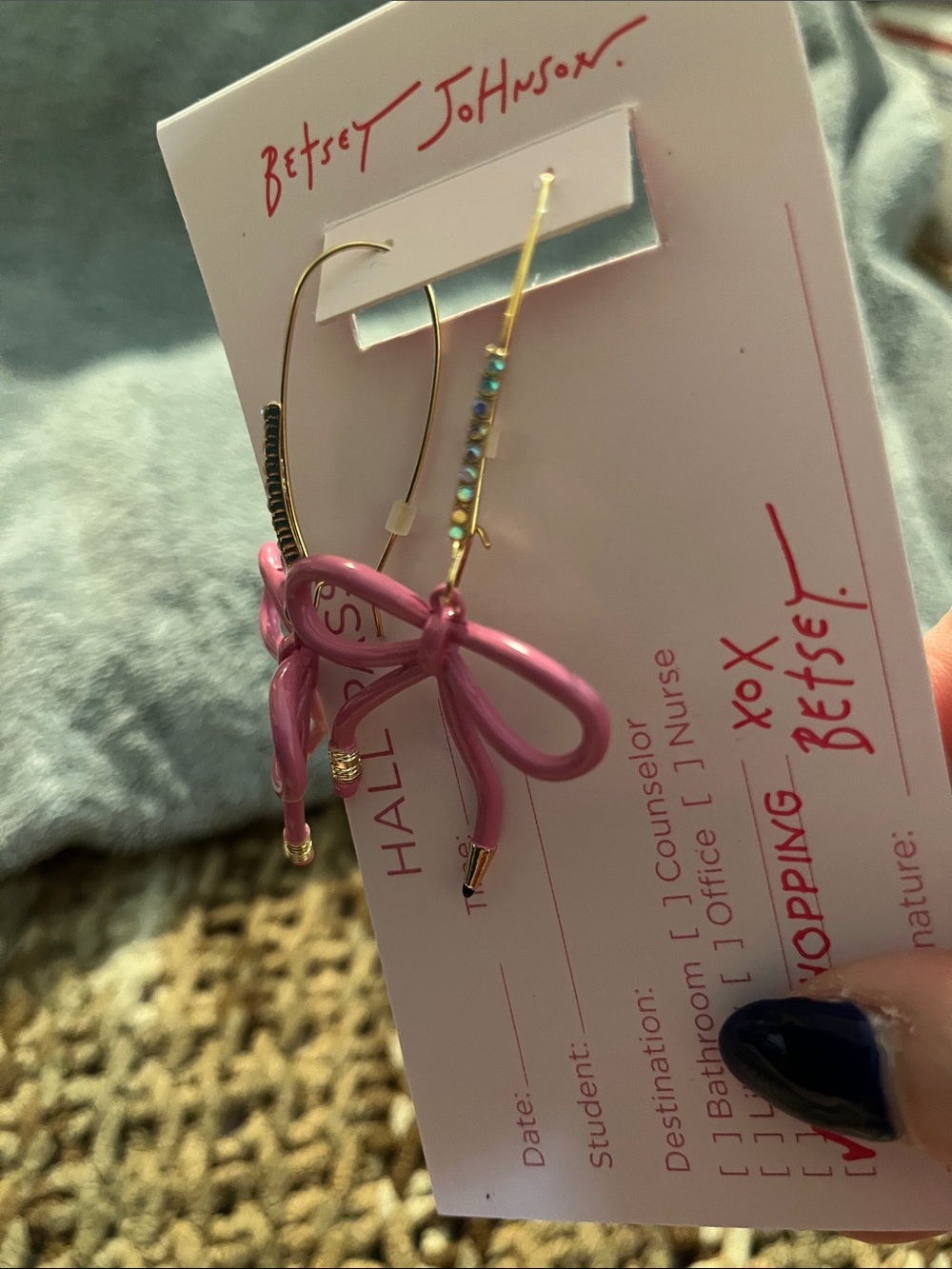 NWT Betsey Johnson Hot Pink Bow Dangle Earrings with Gold Accents eraser & lead - Picture 3 of 6